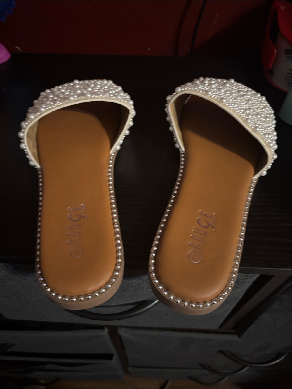 Pearl-Embellished White Slide Mules -